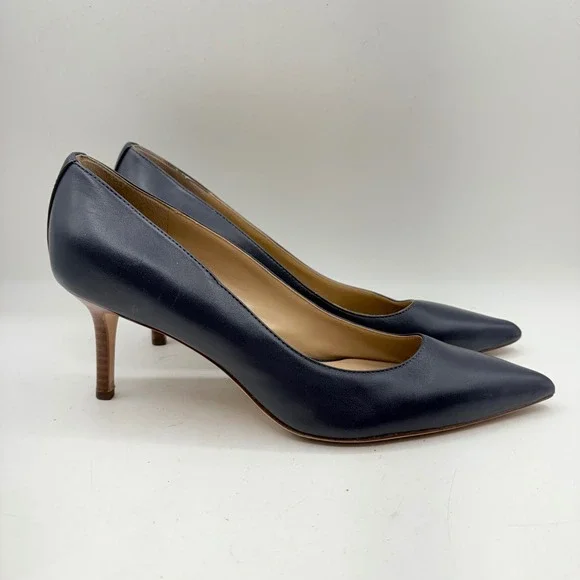 Lauren Ralph Lauren Lanette Navy Blue Leather Pointed Toe Kitten Heel Pumps 9.5 - Picture 1 of 10